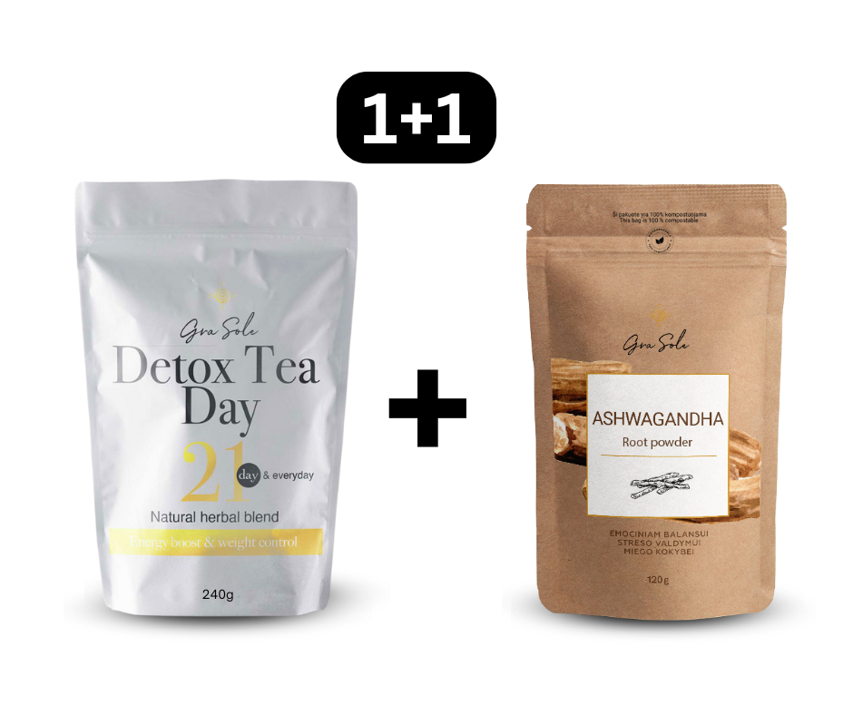 1+1 240g Detox tea day (arbata) + ASHWAGANDHA / ROOT POWDER