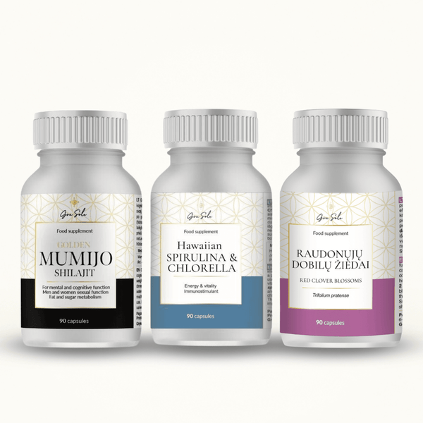 Golden Mumijo Shilajit, Hawaiian Spirulina & Chlorella ir Raudonųjų dobilų buteliukai