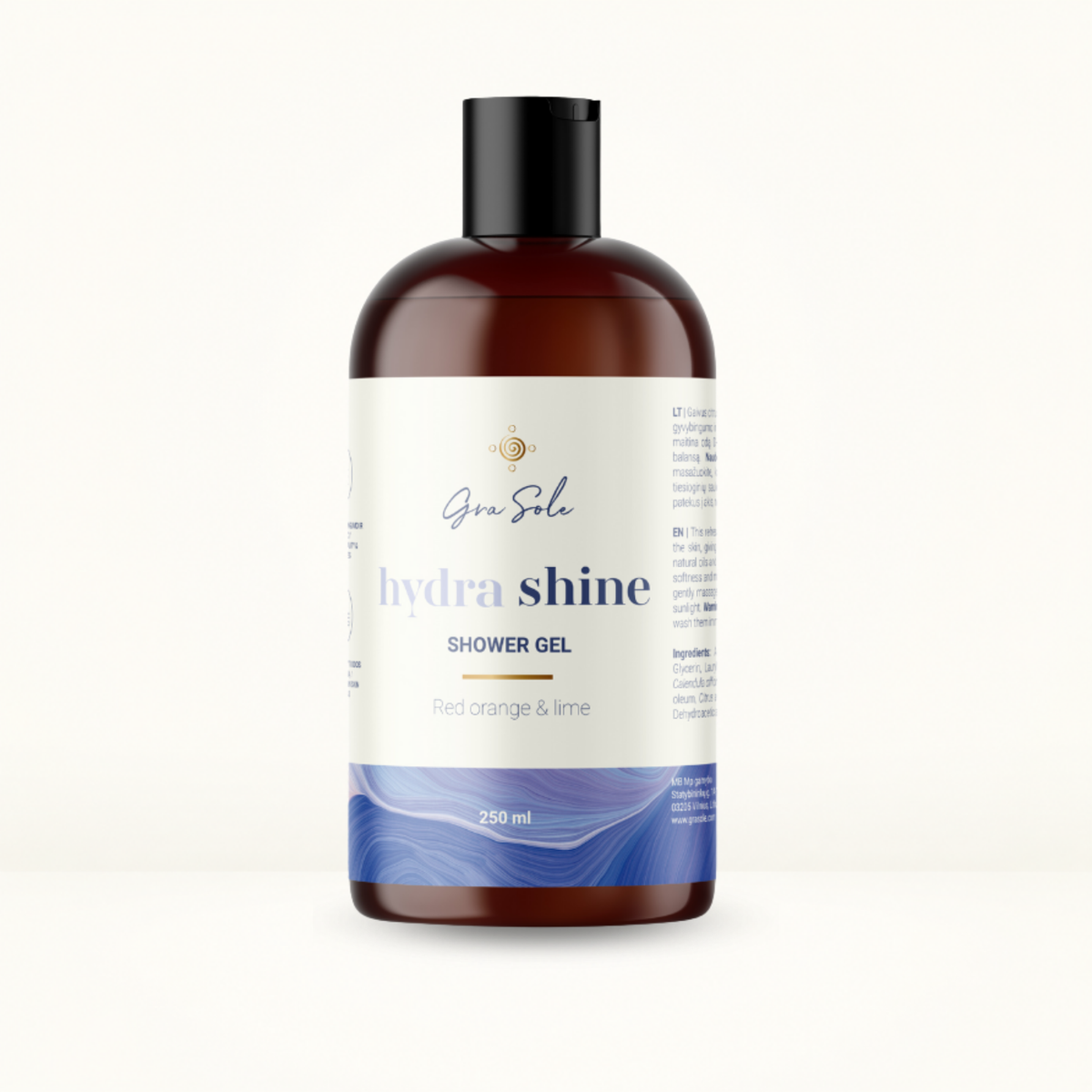 HYDRA SHINE dušo želė su raudonuoju apelsinu ir laimu – natūrali kūno odos priežiūra gaivumui, švelnumui, drėkinimui ir kasdieniam komfortui | GraSole