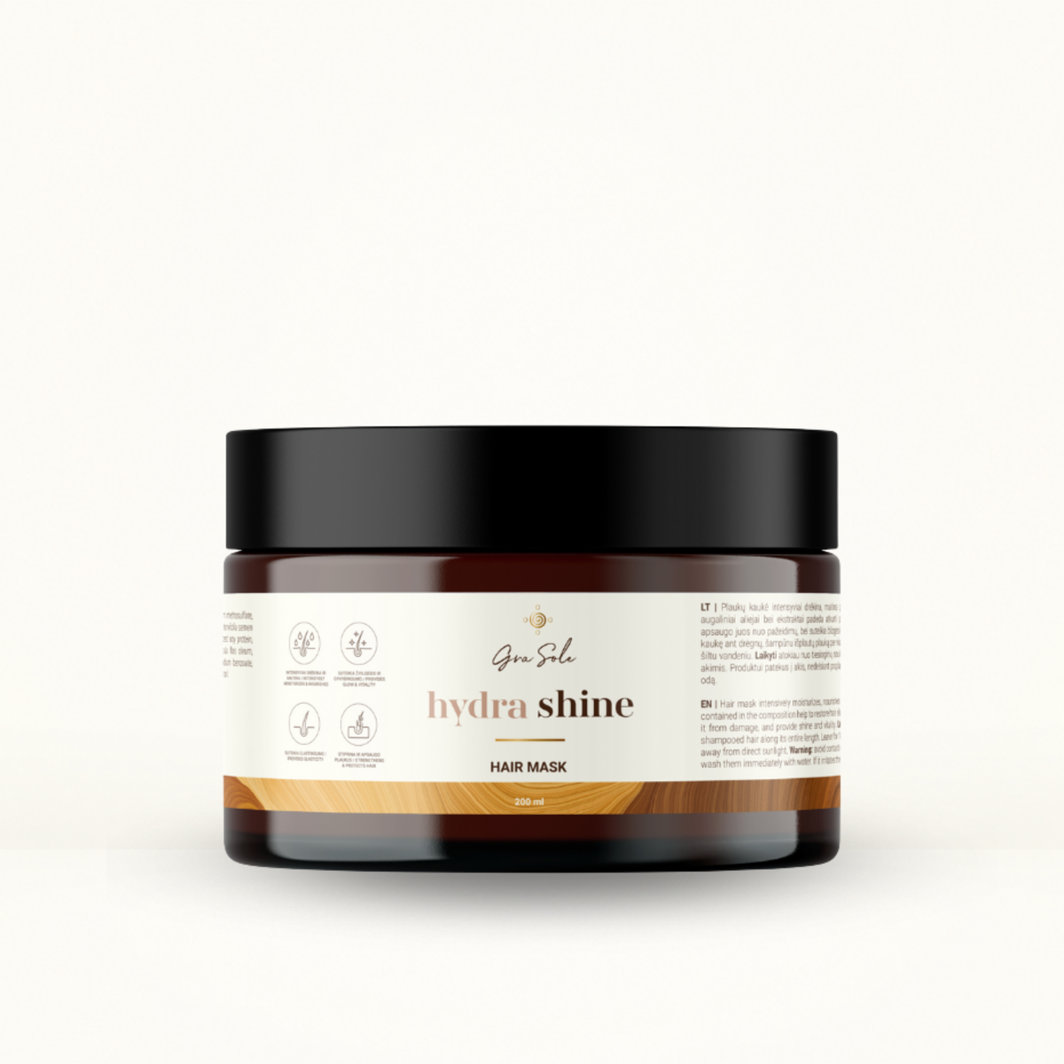 HYDRA SHINE intensyviai maitinanti plaukų kaukė su natūraliais aliejais ir ekstraktais pažeistų, sausų ir lūžinėjančių plaukų atkūrimui bei žvilgesiui | GraSole