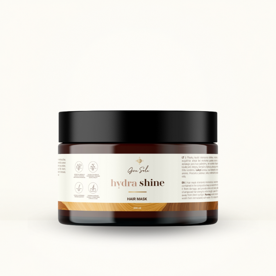 HYDRA SHINE intensyviai maitinanti plaukų kaukė su natūraliais aliejais ir ekstraktais pažeistų, sausų ir lūžinėjančių plaukų atkūrimui bei žvilgesiui | GraSole