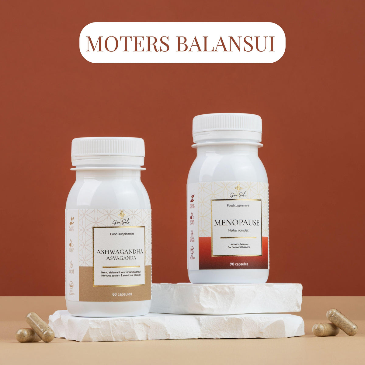MOTERS BALANSUI papildų rinkinys su MENOPAUSE ir ASHWAGANDHA – natūrali pagalba hormonų balansui, emocinei ramybei, energijai ir gerai savijautai menopauzės laikotarpiu | GraSole 
