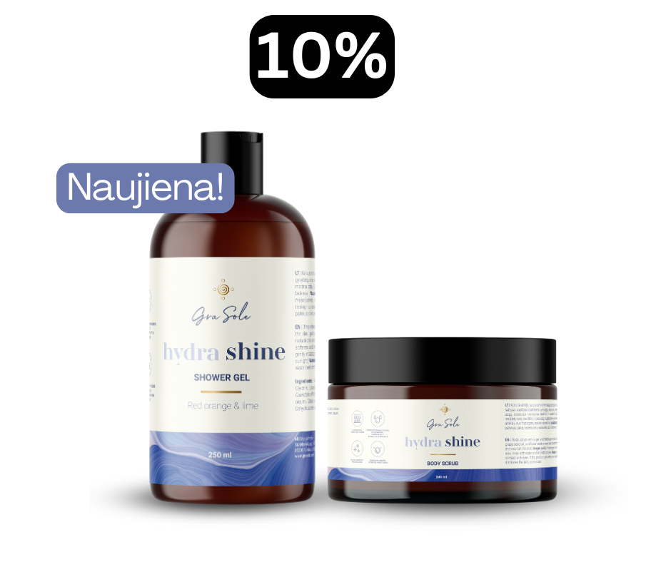 -10% HYDRA SHINE: kūno prausiklis + kūno šveitiklis