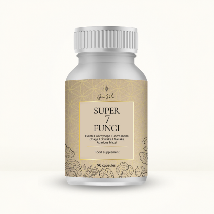 Super 7 Fungi kapsulės su reishi, cordyceps, liūto karčiais, chaga, shiitake, maitake ir agaricus blazei imunitetui, energijai ir bendrai organizmo sveikatai.